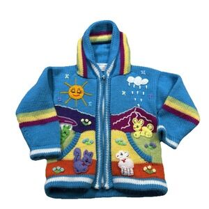 Youth Kids Handmade Peruvian Knit Sweater Colorful Patchwork Animals Farm S